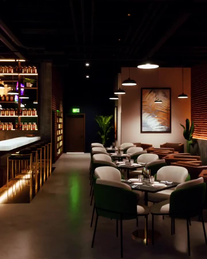 Design rendering of the dining room: green chairs, round tables, pendant lights and a lit back bar